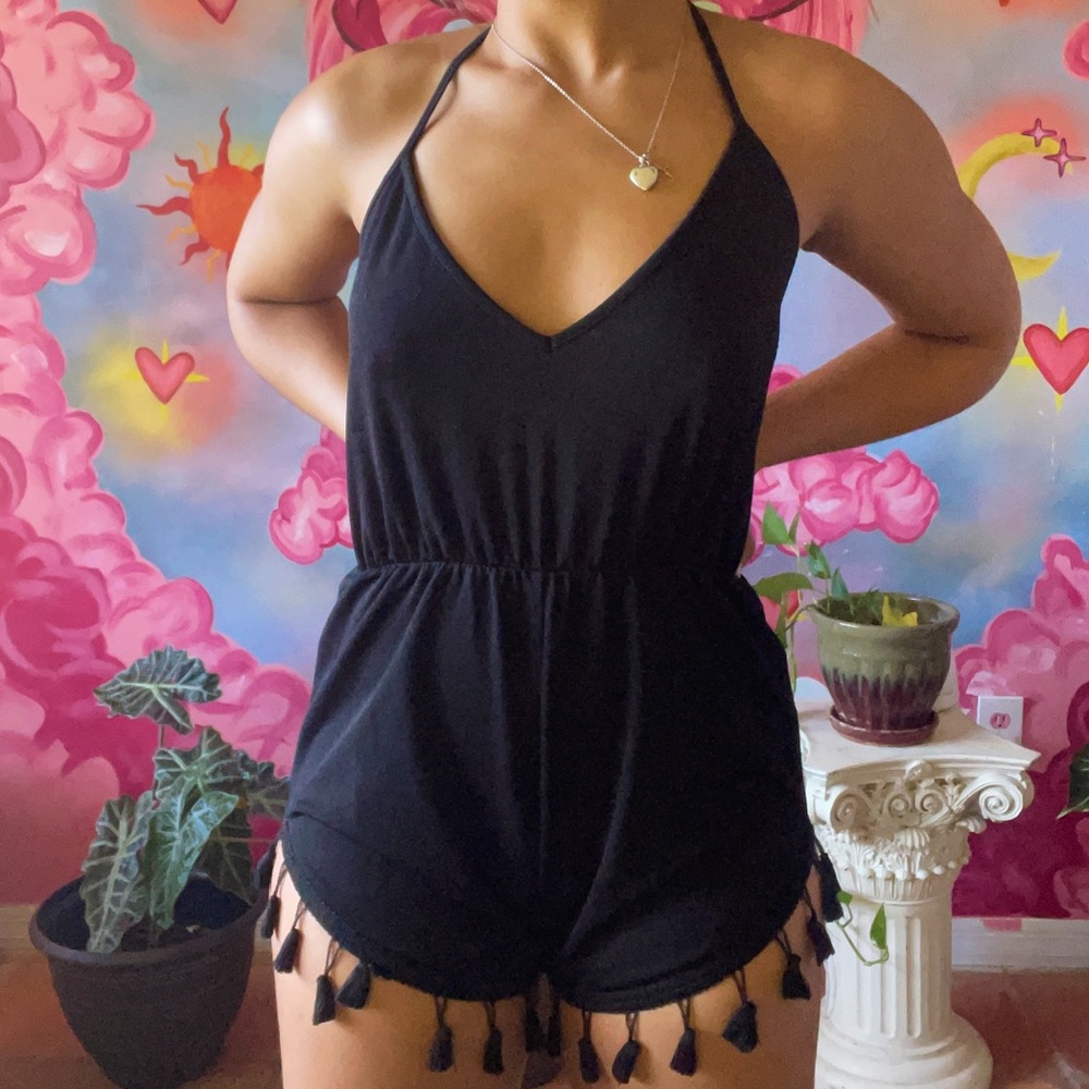 Black Halter Romper with Tassels